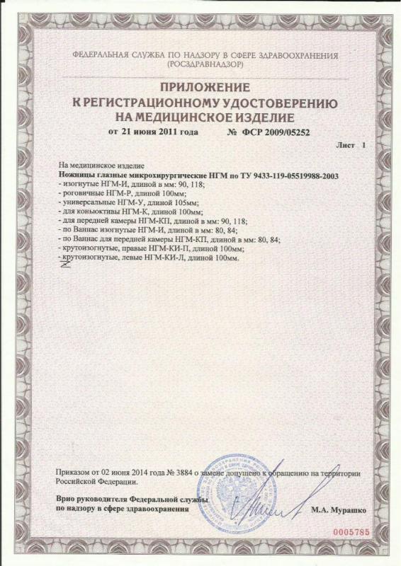 Приложение к регистрационному удостоверению ООО Микрохирургические инструменты Лист 1